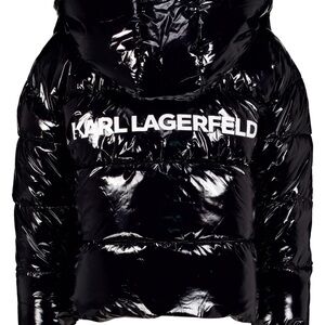 Karl Lagerfeld Glossy Black Hooded logo print Jacket